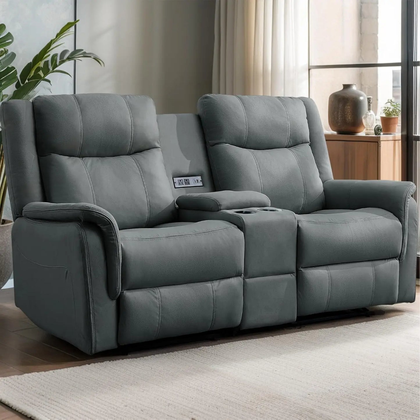 Reclining Loveseat With Console USB Port And Cup Holders 2 Seater Living Room