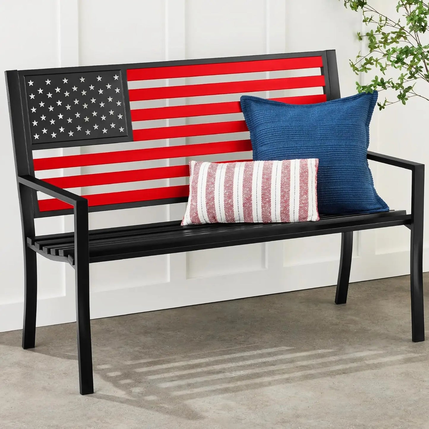 Durable Alloy Steel Outdoor Bench Featuring American Flag Design