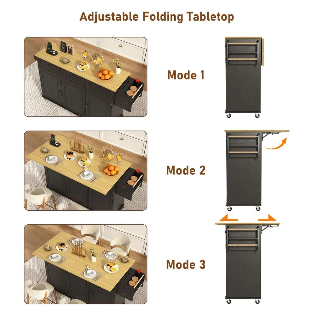 Rolling Kitchen Island With Power Outlet And Hidden Trash Cabinet