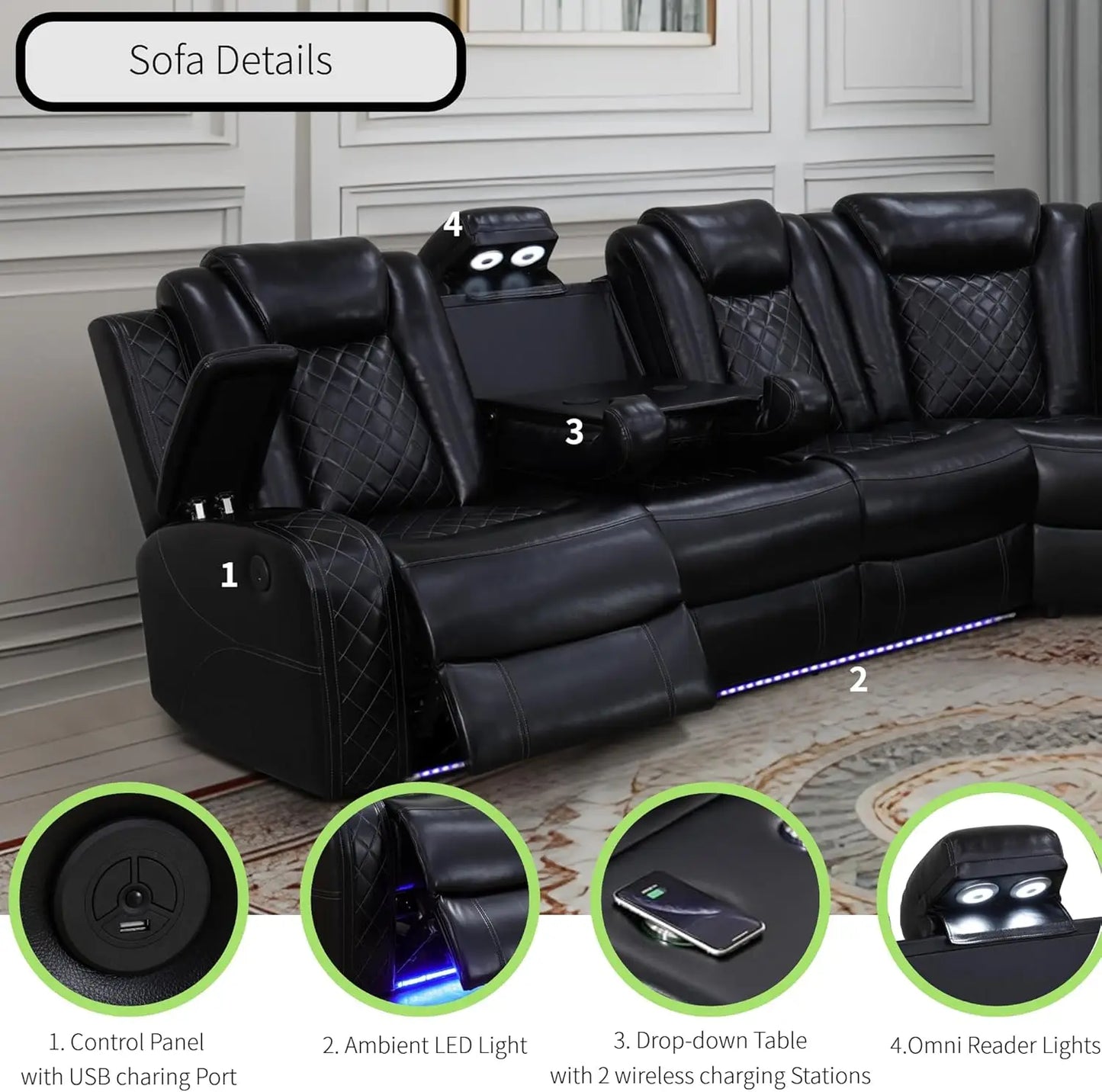 Power Recliner Sofa Sectional With LED Light Air Leather