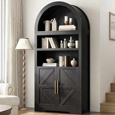 Arched Bookshelf Cabinet With Doors And Shelves For Kitchen Pantry