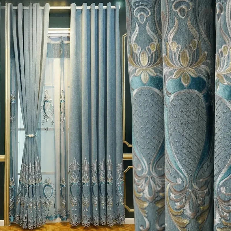 European Style Luxury Chenille Curtains for Living Room Bedroom Dining High Blackout Hollow Embroidered Window Drape Custom Size