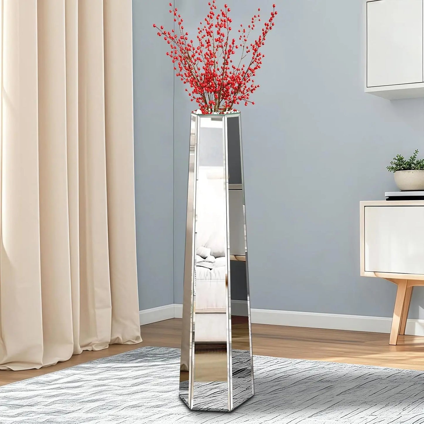 Large Vases 77cm Tall Luxury Mirrored Thin Vase Floor Standing, Silver Glass Art Decor, for Holding Dried Flowers, Living Room
