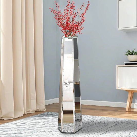 Large Vases 77cm Tall Luxury Mirrored Thin Vase Floor Standing, Silver Glass Art Decor, for Holding Dried Flowers, Living Room
