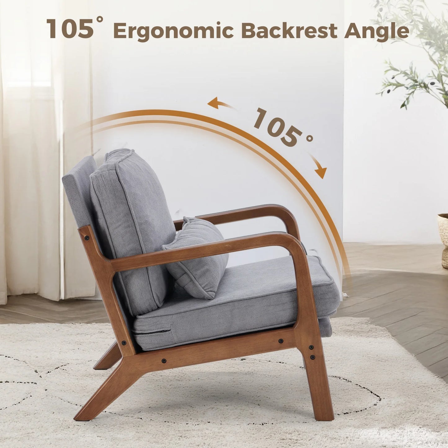 JHK Mid Century Modern Rubberwood Armchair With Durable HighDensityFoam Cushions