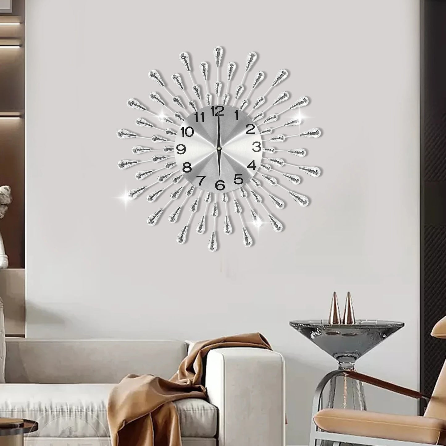 50cm Silver Large Wall Clocks,Iron Round Silent Quartz Wall Clock Battery Powered for Decoration Bedroom Office