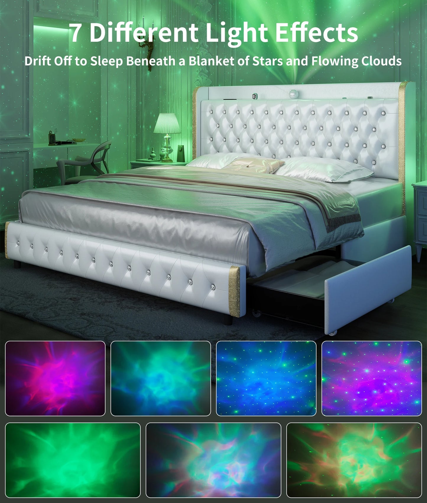 GEGOFORU LED Bed Frame Galaxy Projector Bluetooth USB Ports