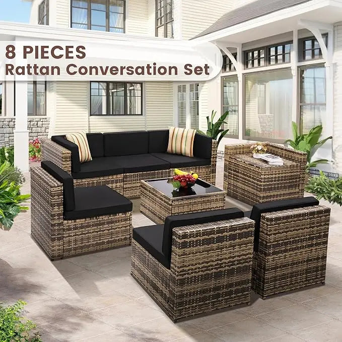 Outdoor Wicker Rattan Patio Sectional Set With Glass Top Table