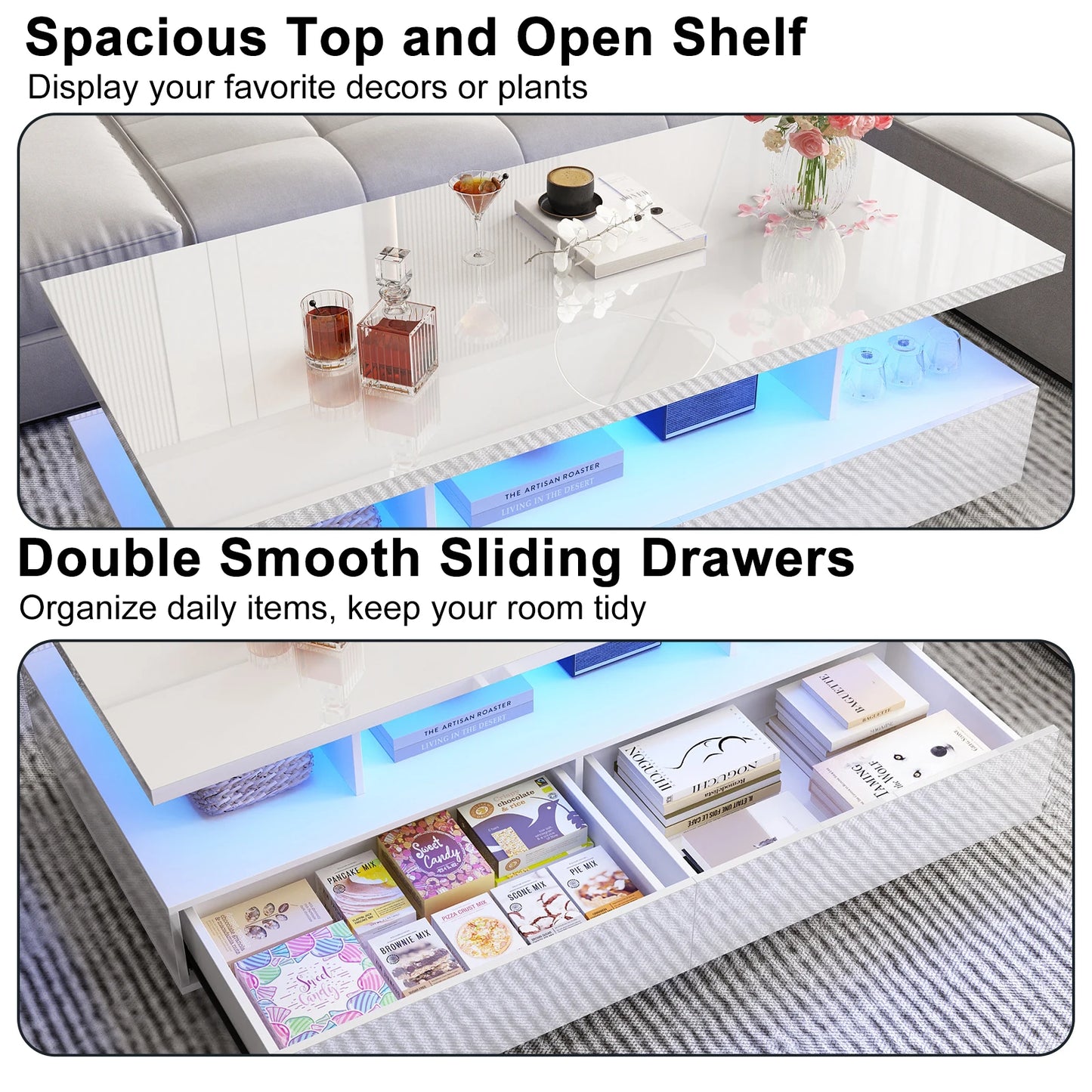 QiaoShiRen LED Coffee Table With Two Storage Drawers Modern