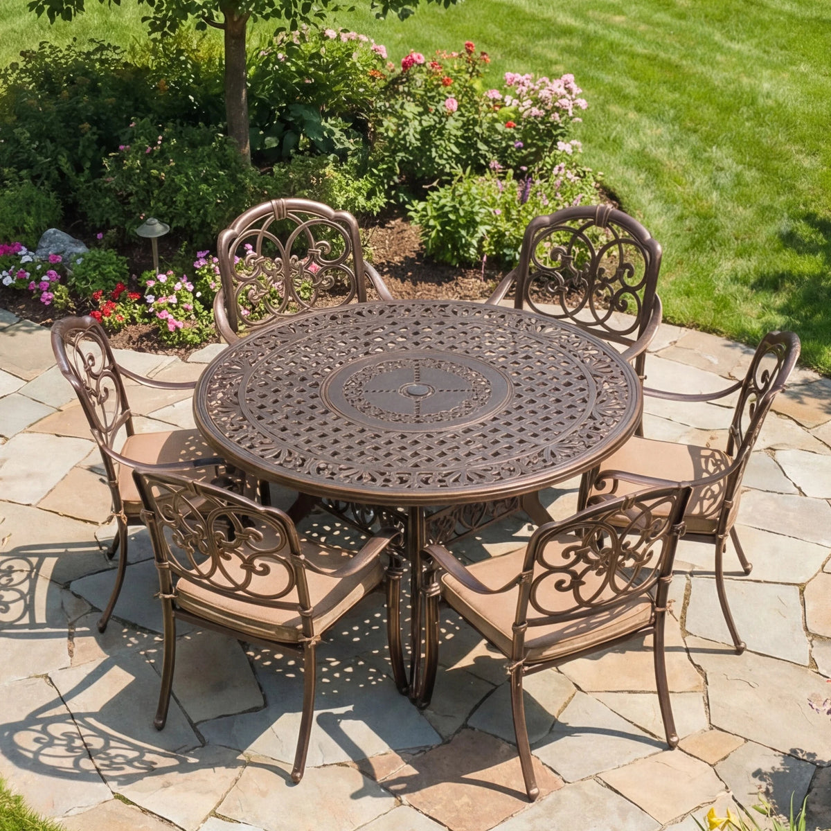 Cast Aluminum Outdoor Patio Dining Set Featuring Umbrella Hole