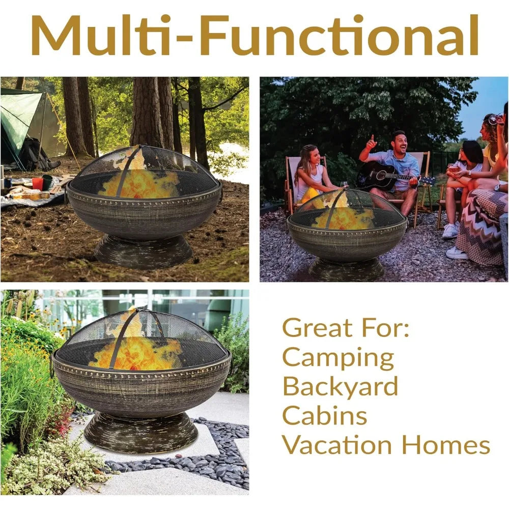 Outdoor Fire Pit Wood Burning With Screen And Poker