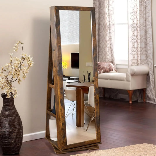 Lockable Floor Standing Wooden Jewelry Armoire with Full Length Mirror 360°Rotatable Jewelry Organizer Cabinet
