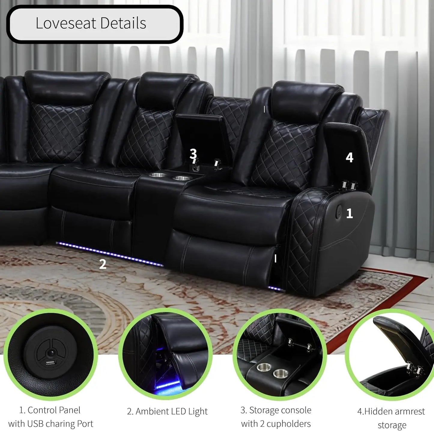 Power Recliner Sofa Sectional With LED Light Air Leather