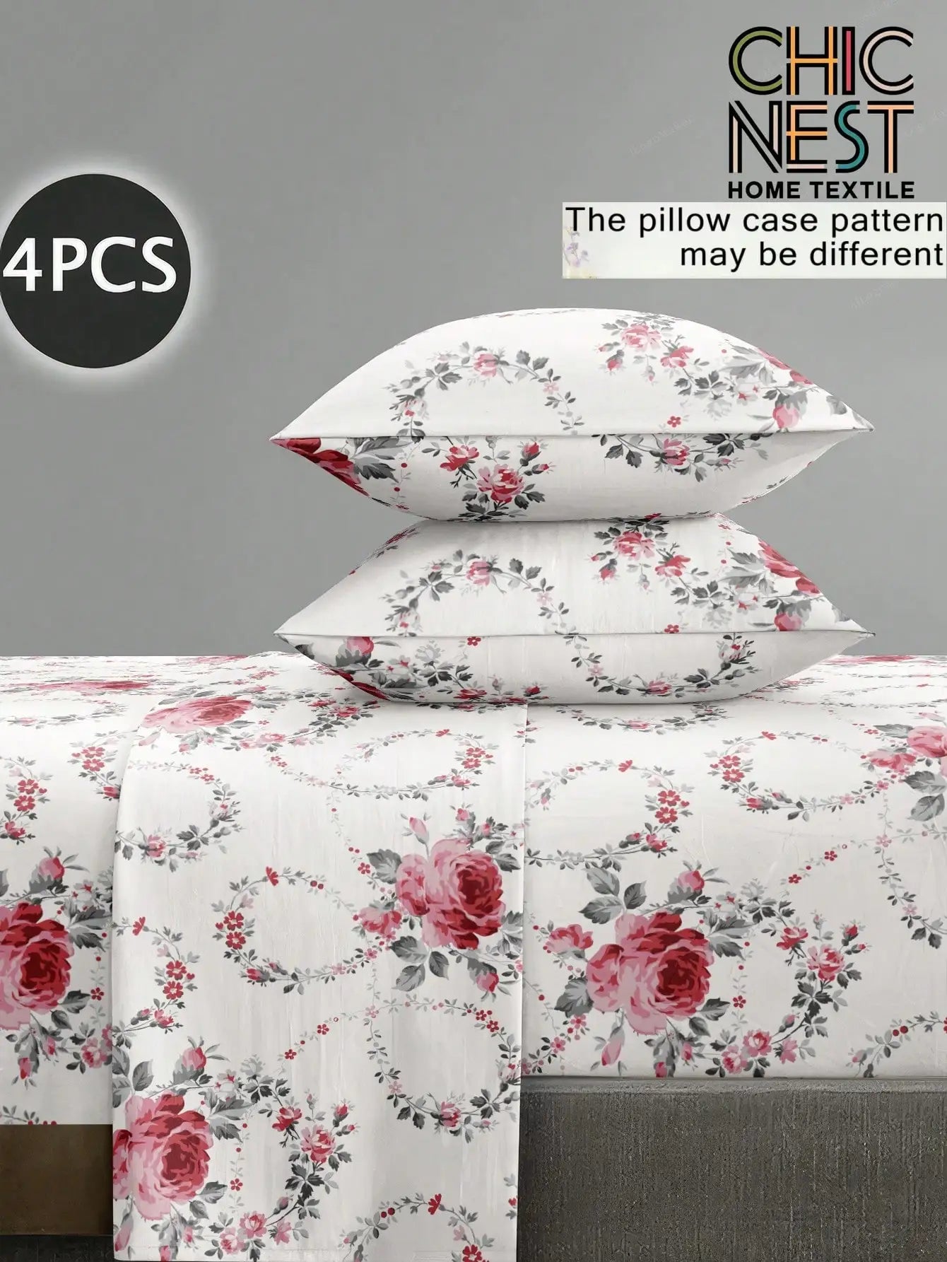 4-Piece Floral Print Bedding Set with Rose Pattern, Fitted Sheet, Flat Sheet & 2 Pillowcases
