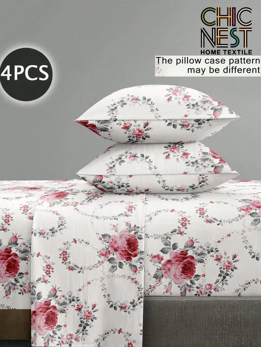 4-Piece Floral Print Bedding Set with Rose Pattern, Fitted Sheet, Flat Sheet & 2 Pillowcases