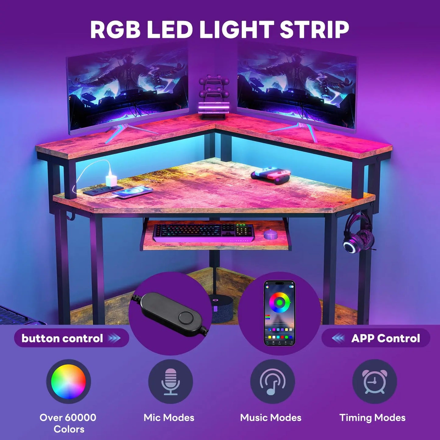 JHK Corner Desk With LED Lights And Storage Shelves