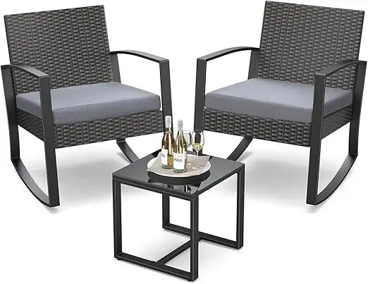 Outdoor Rattan Patio Furniture Set Rocking Bistro With Coffee Table