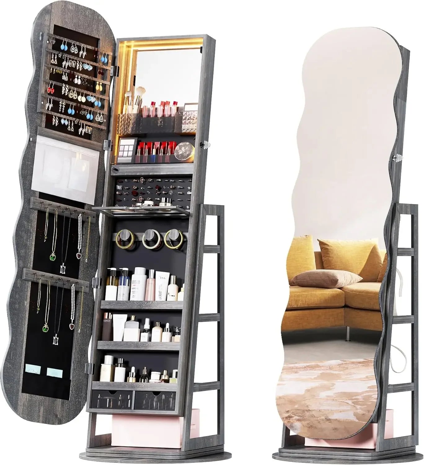 360° Rotating Jewelry Cabinet with Light, LED Jewelry Storage Box with Full-length Mirror, Lockable Wavy Mirror Jewelry Cabinet