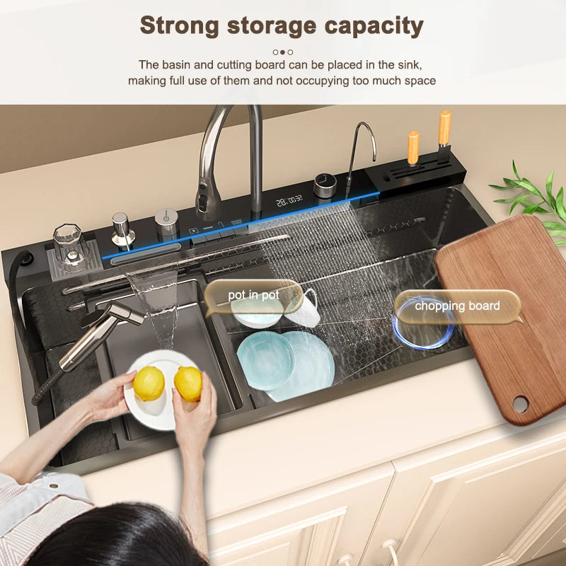 Yuki Like Stainless Steel Waterfall Kitchen Sink With Digital Display