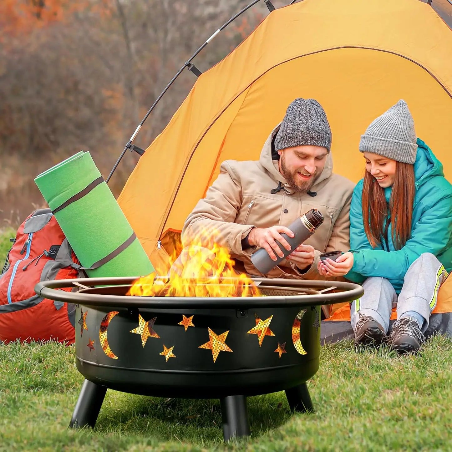Outdoor Metal Wood Burning Fire Pit With Secure Mesh Cover