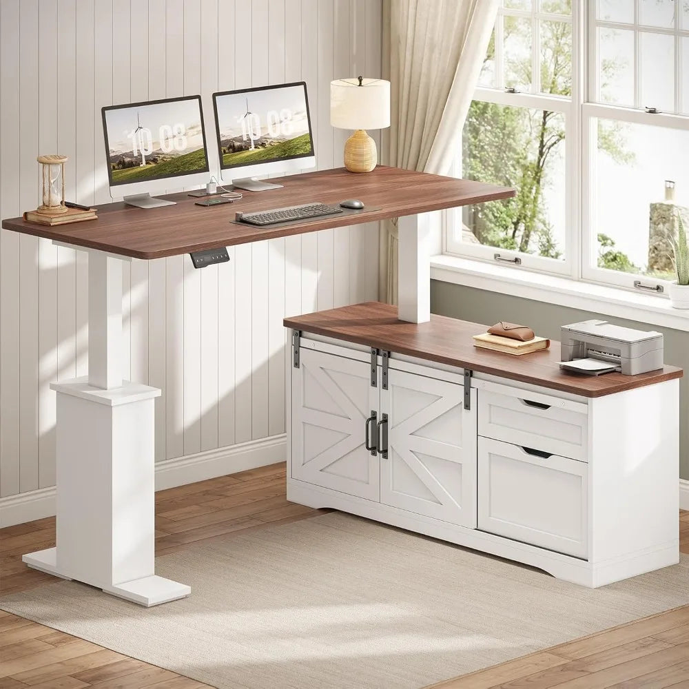 Farmhouse L Shaped Standing Desk With Height Adjustable Corner Desk Storage