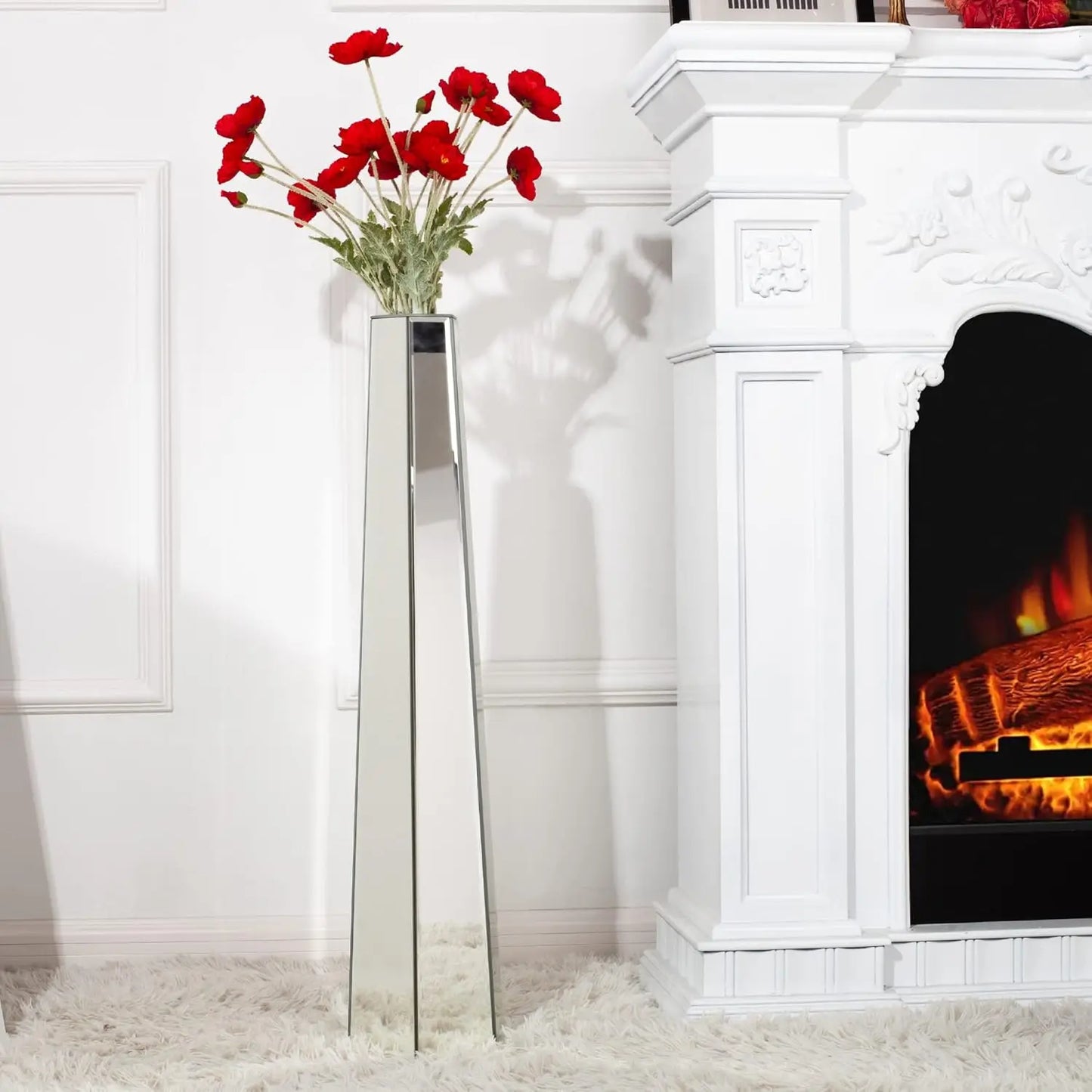 Large Vases 77cm Tall Luxury Mirrored Thin Vase Floor Standing, Silver Glass Art Decor, for Holding Dried Flowers, Living Room