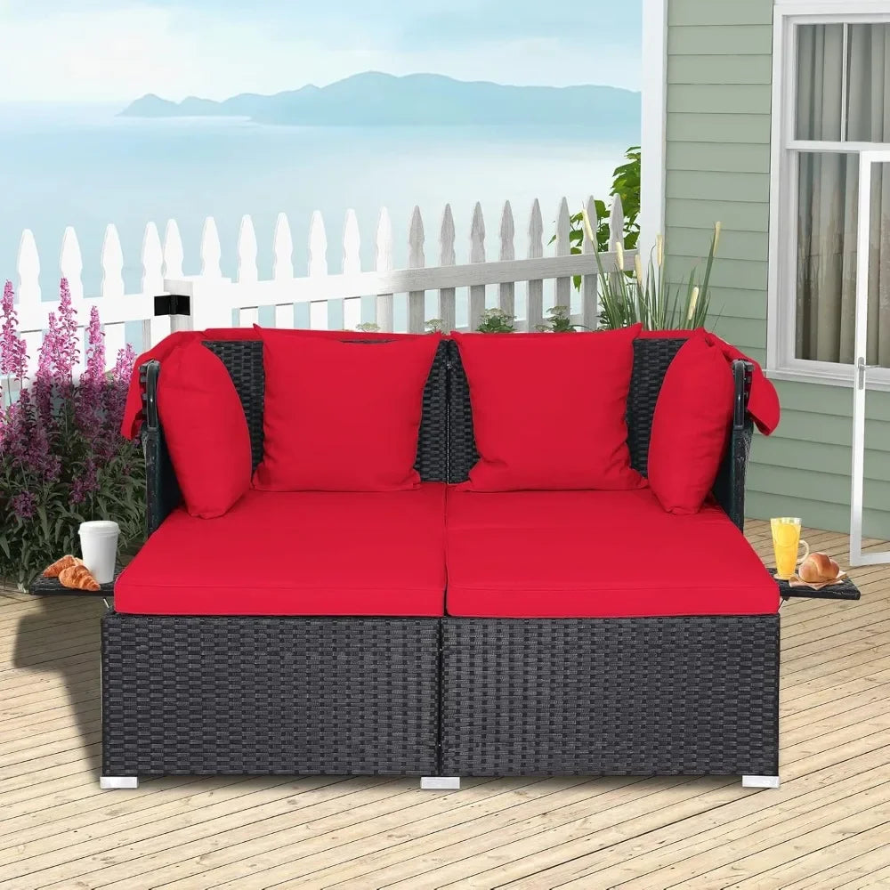 Outdoor Daybed with Retractable Canopy, Wicker Cabana with 2 Side Tables & Soft Cushions, Patio Sectional Furniture Set