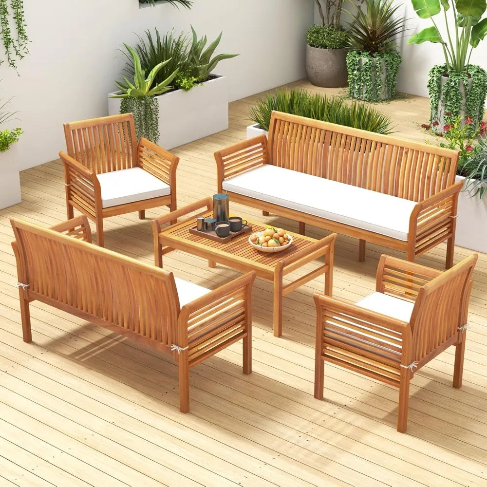 Tangkula 3-Seat Patio Acacia Wood Bench with Cushion, 62.5” Extra Long Outdoor Chair with Dense Slatted Backrest & Armrests, 120