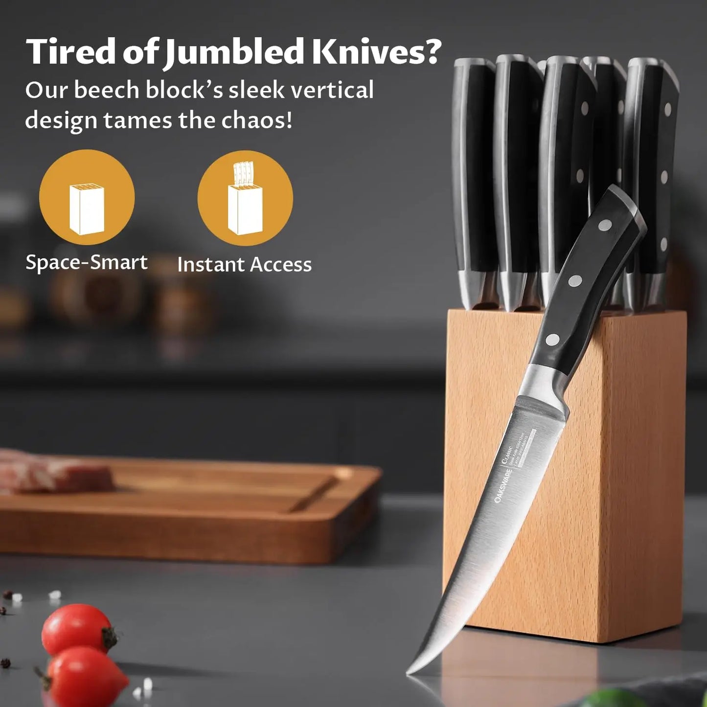 Steak Knives Set of 8, 5 Inch Non Serrated Steak Knife with Beech Block, Razor-Sharp German Stainless Steel Dinner Knives, Durab