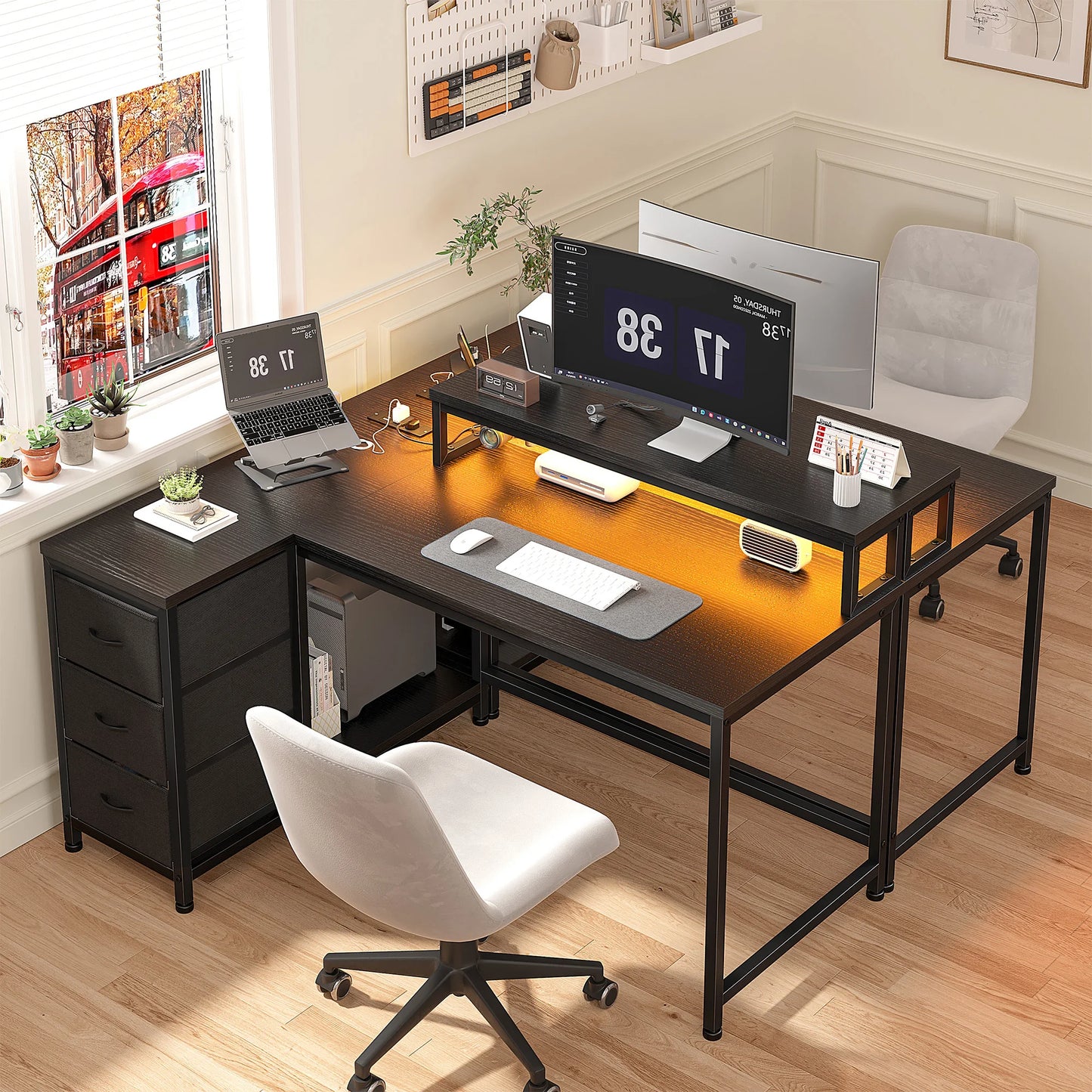 EnHomee L Shaped Gaming Desk With LED Lights USB Outlet