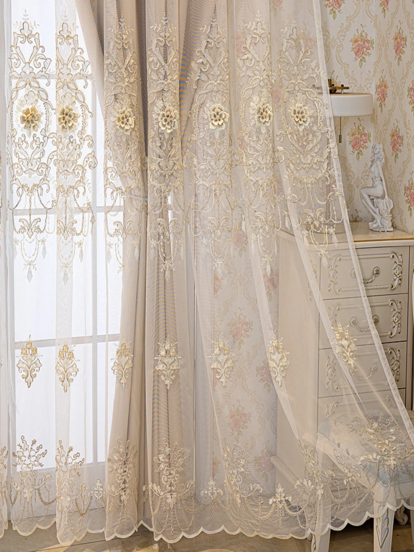 1PC beige Embroidered Blackout curtain UV protection double-layer insulationeasy hanging for living rooms bedrooms office