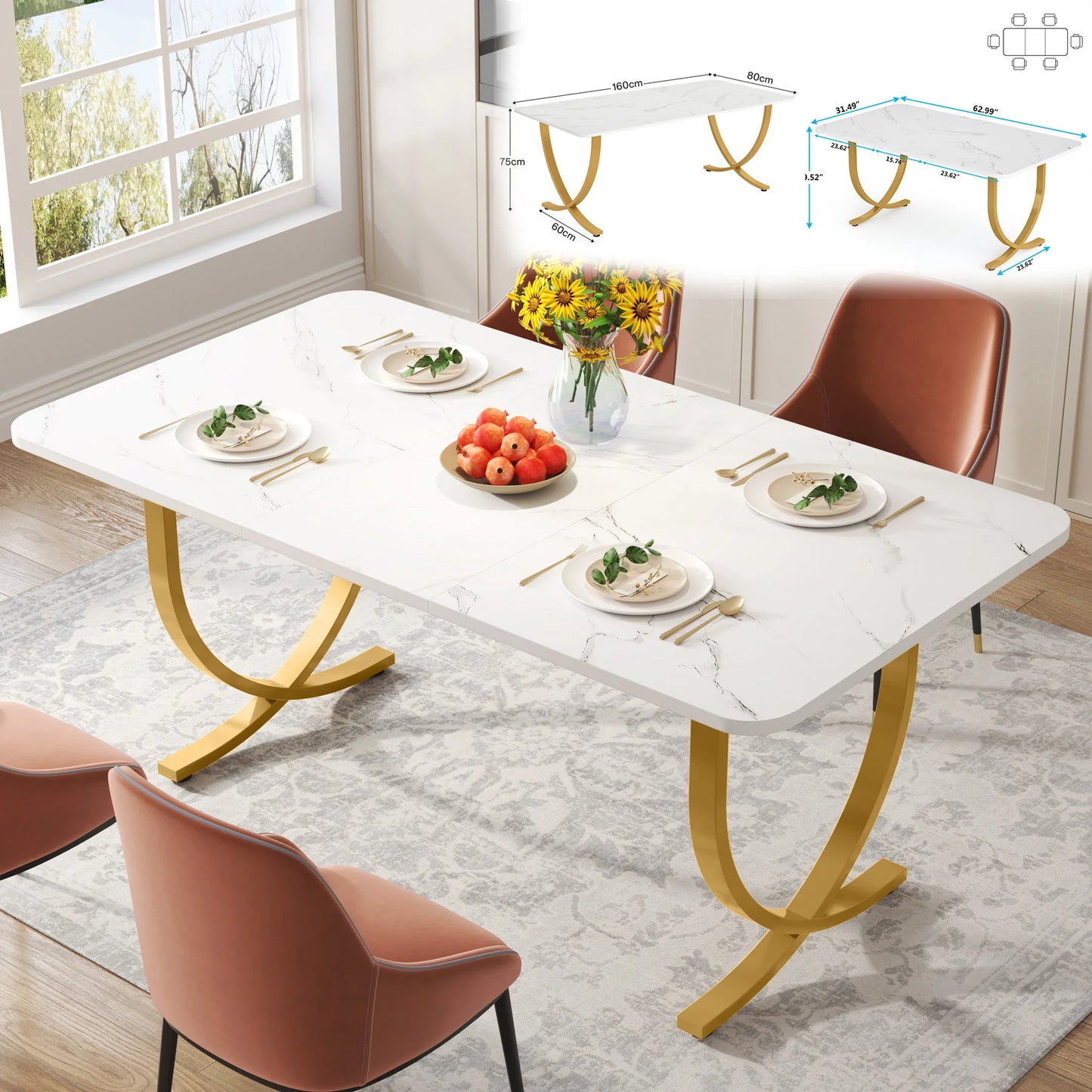 Tribesigns Rectangular Dining Table Modern Kitchen Table With Faux Marble Top