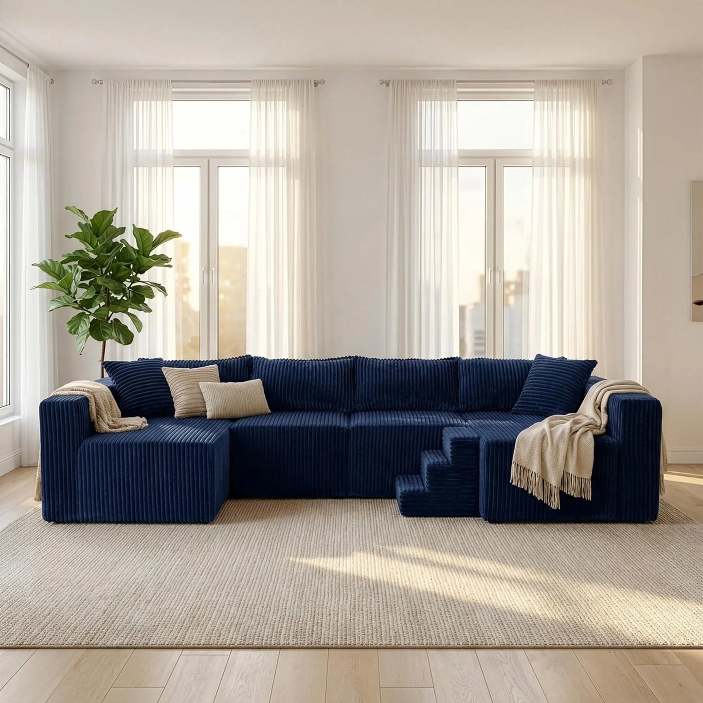 U Shaped Modular Sectional Sofa Corduroy Fabric Couch Double Chaise