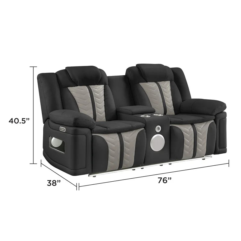 Faux Leather Power Reclining Sofa Set With LED Lights Massage Speaker Console