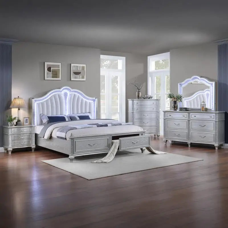 Mystic King FivePiece Upholstered LEDHeadboard Bedroom Set With Modern LuxuryWoodFinish