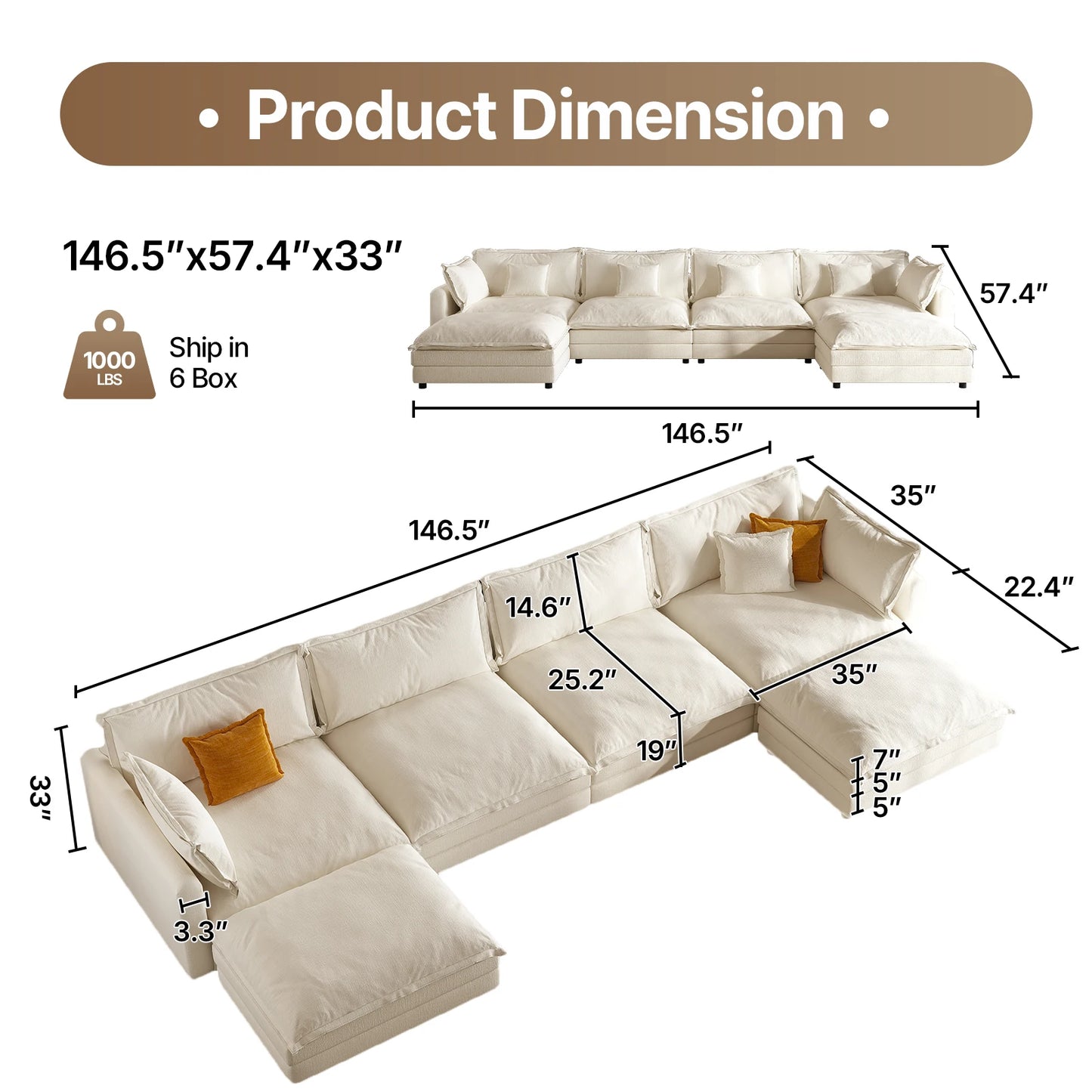 QWCCN L Shaped Modern Sofa Sectional Cloud Couch With Ottoman
