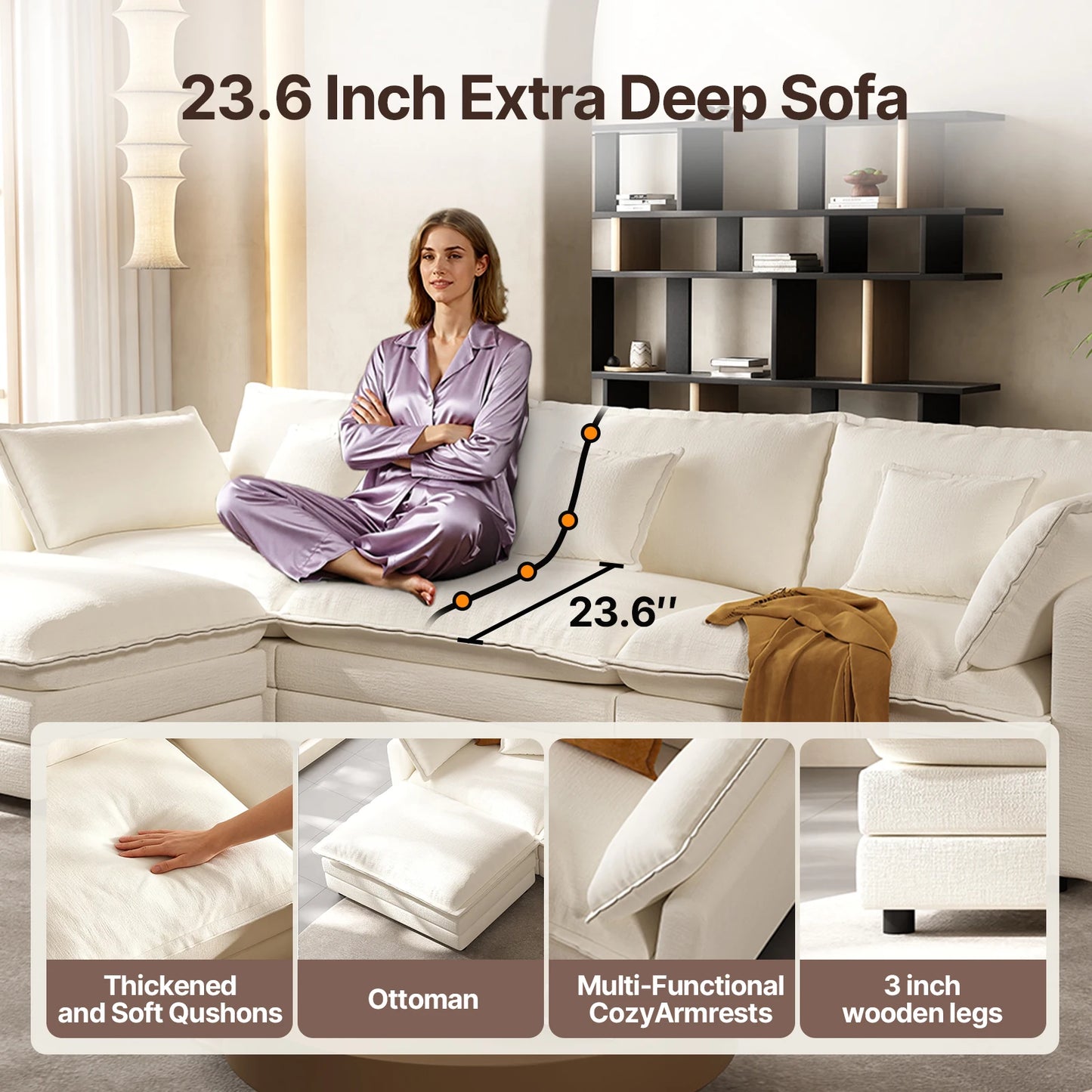QWCCN Modern L Shaped Velvet Modular Sectional Sofa With Ottoman