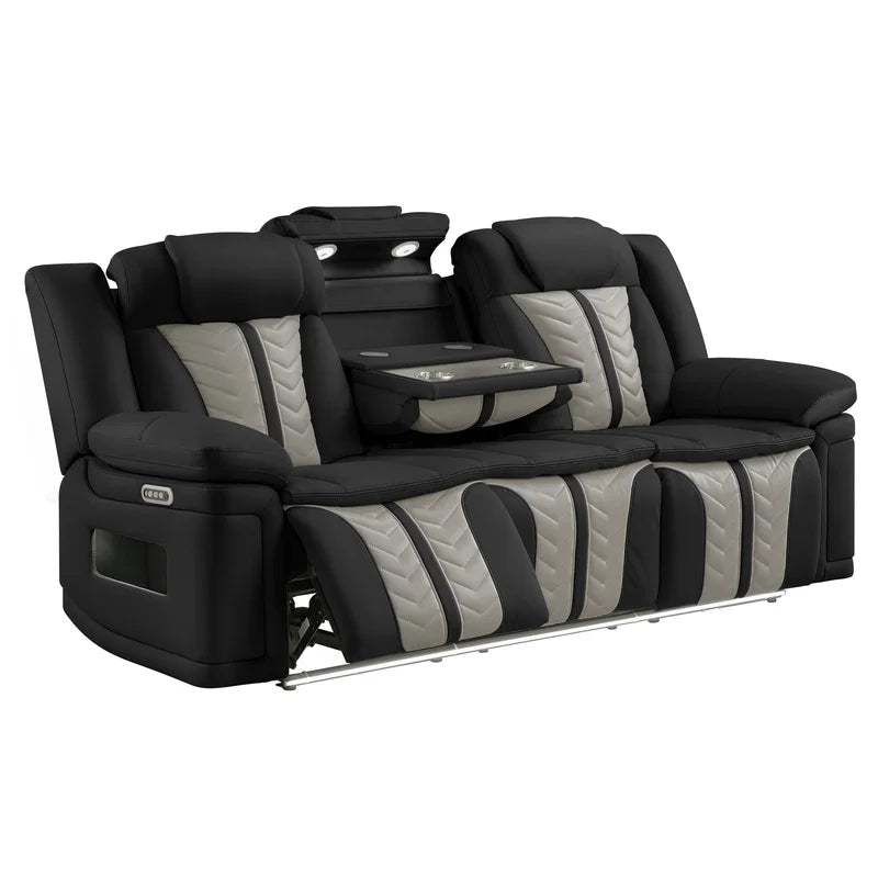 Faux Leather Power Reclining Sofa Set With LED Lights Massage Speaker Console