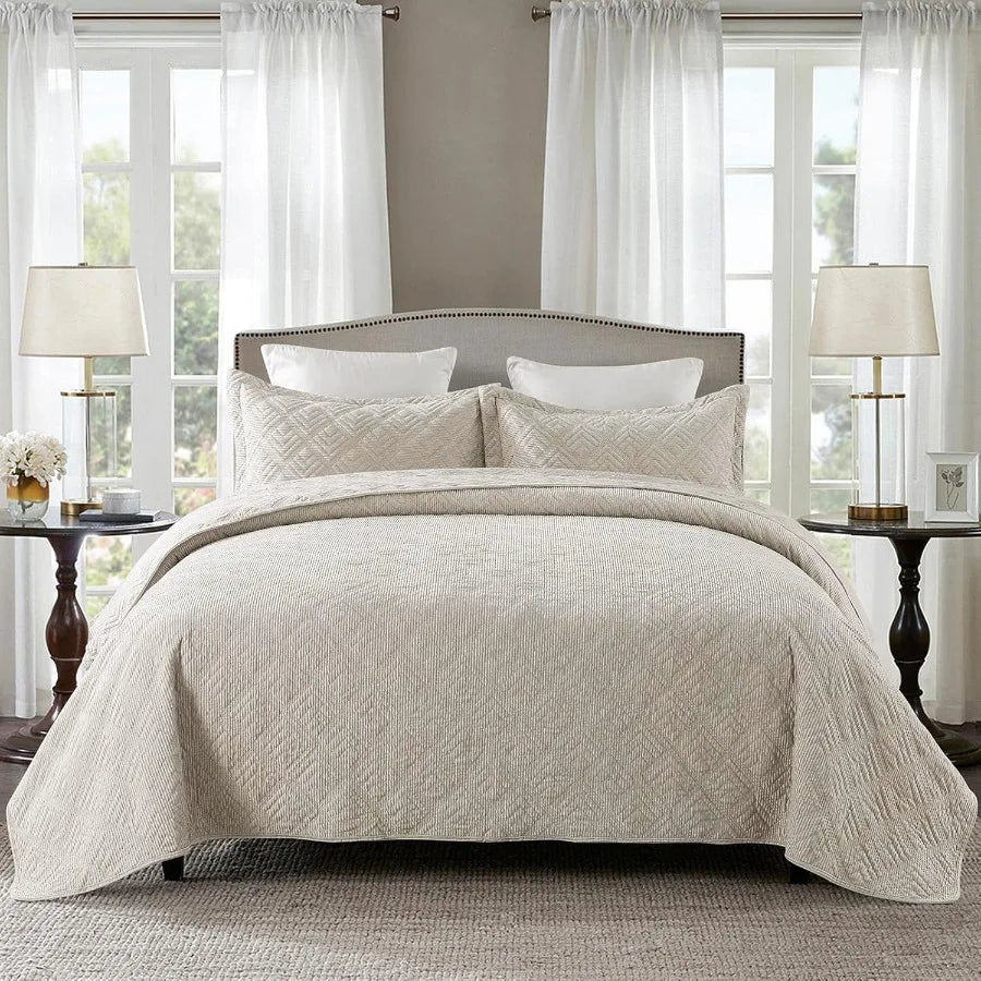 Queen Size Bedspread Quilt Set 3 Piece Embroidered Corduroy Lightweight Warm All Season Bedding Coverlet in Greyish White
