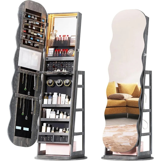 360° Rotating Jewelry Cabinet with Light, LED Jewelry Storage Box with Full-length Mirror, Lockable Wavy Mirror Jewelry Cabinet