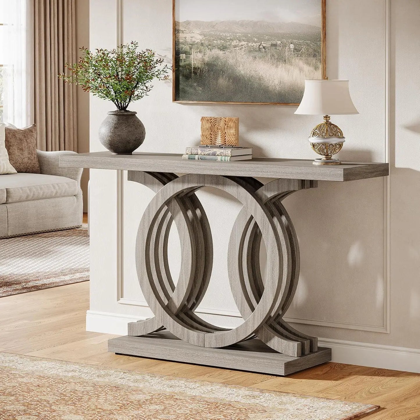 Little Tree Geometric Wood Base Console Table For Living Room
