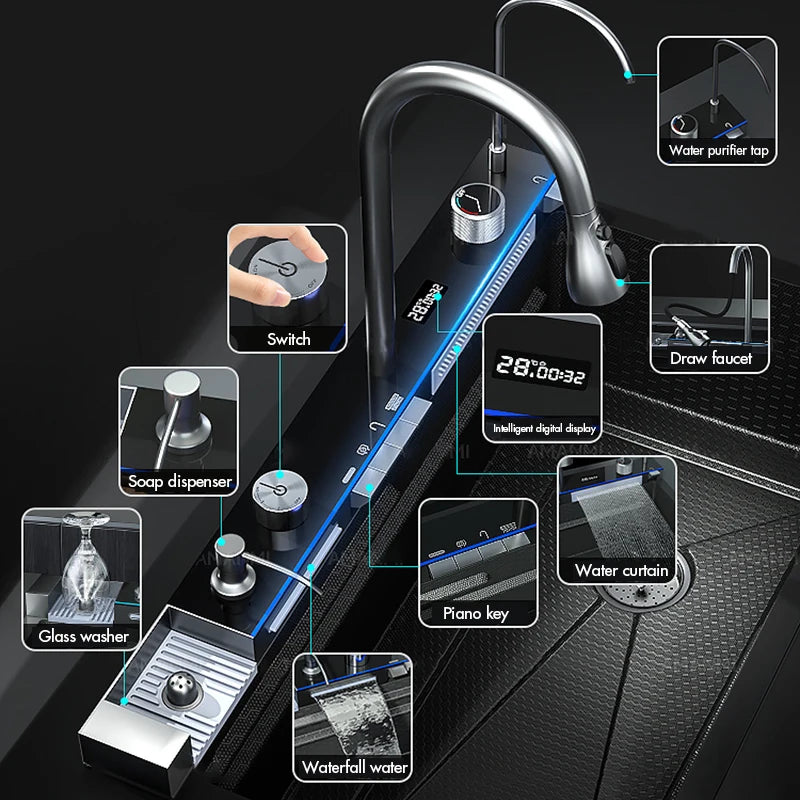 MYQualife 304 Stainless Steel Waterfall Kitchen Faucet Set Soap Dispenser