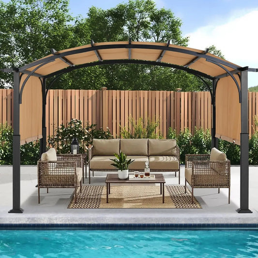 Arched Metal Pergola Gazebo With Retractable Canopy For Patio