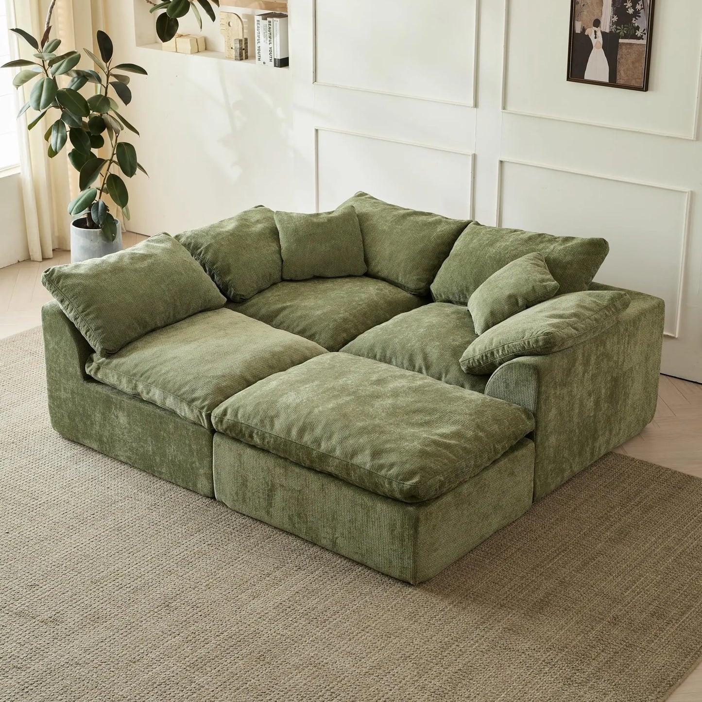 Yeflixvrau Modern Cloud L-Shaped Three-Seater Sofa With Ottoman