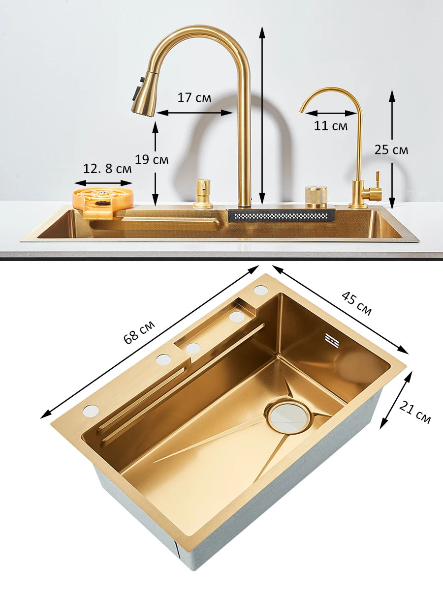 Quyanre 304 Stainless Steel Waterfall Kitchen Sink With Integrated Faucet Set Soap Dispenser Pure Water Cup Washer