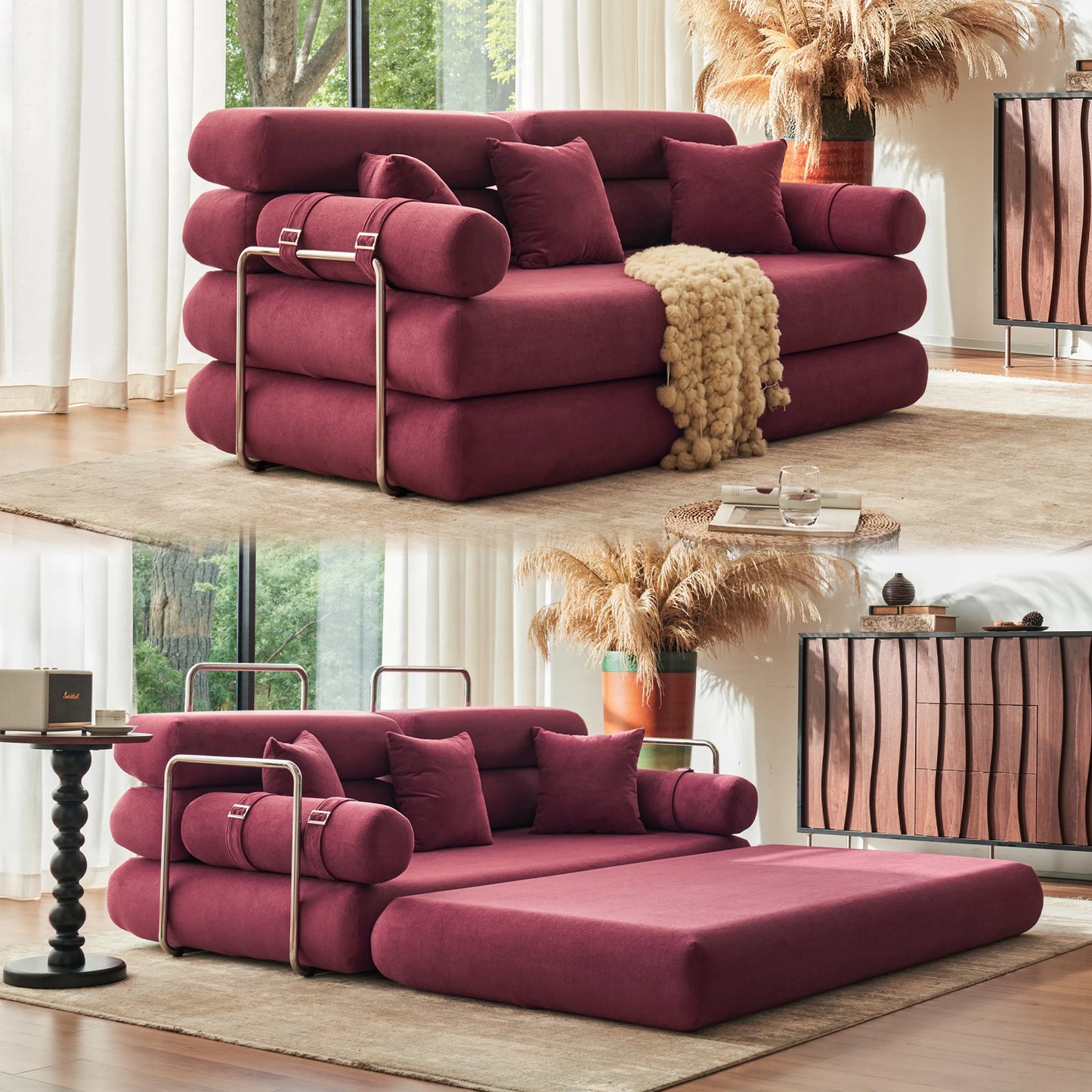 Convertible Sleeper Sofa Bed With Rounded Arm Supports PremiumMemoryFoam Comforts