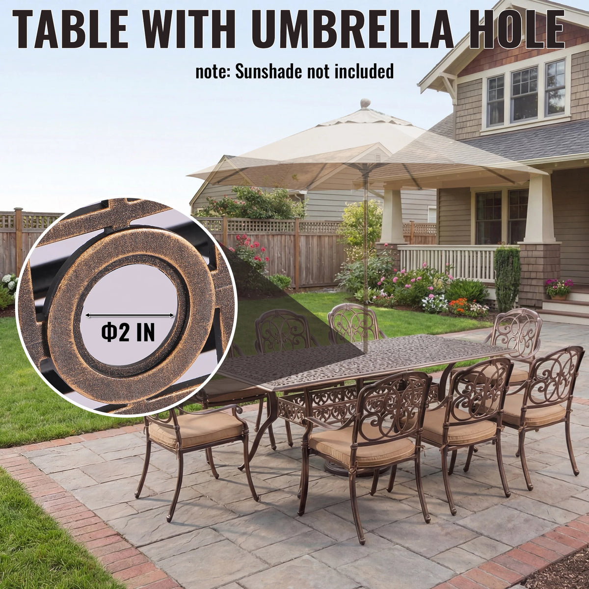 Cast Aluminum Outdoor Patio Dining Set Featuring Umbrella Hole
