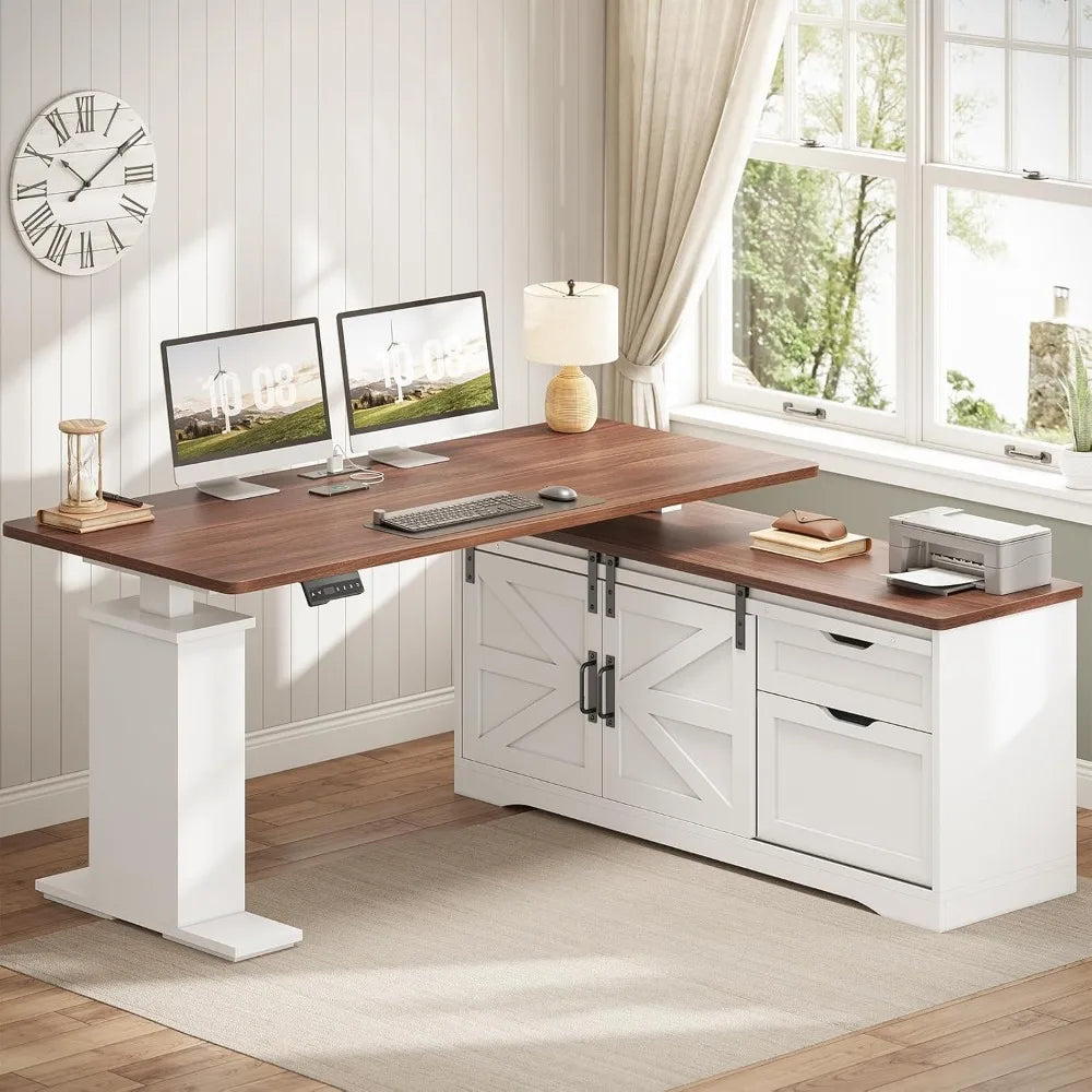 Farmhouse L Shaped Standing Desk With Height Adjustable Corner Desk Storage