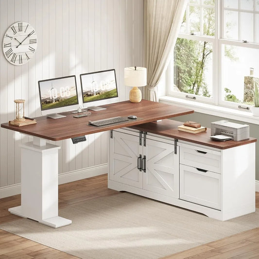 Farmhouse L Shaped Standing Desk With Height Adjustable Corner Desk Storage