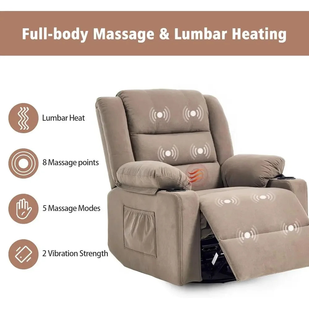 Overstuffed Manual Rocker Swivel Recliner With Massage And Heat